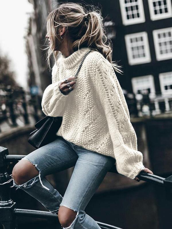 Solid color long sleeve hollow out sweaters
