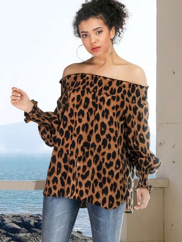 Fashion Leopard print One shoulder Long sleeve T-Shirts