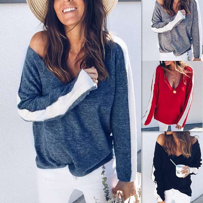 Fashion V neck Gored Long sleeve Knit Sweaters