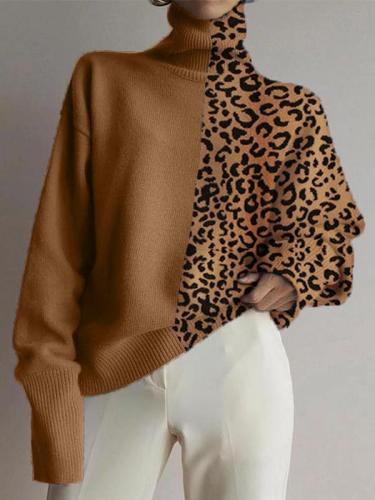Fashionable loose high collar leopard stitching sweater