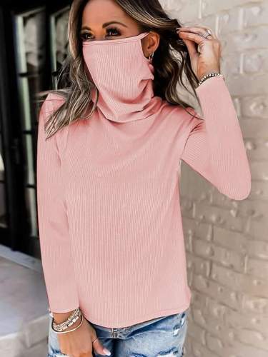 High neck women long sleeve plain top with mask fashion sweaters