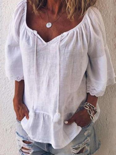 Casual Loose Pure V neck Gored Half sleeve Blouses