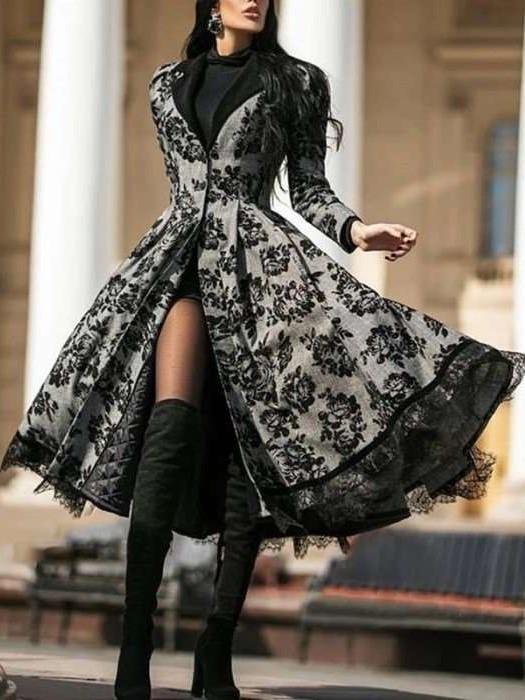 Fashion Print Lace Lapel Long sleeve Coat Maxi Dresses