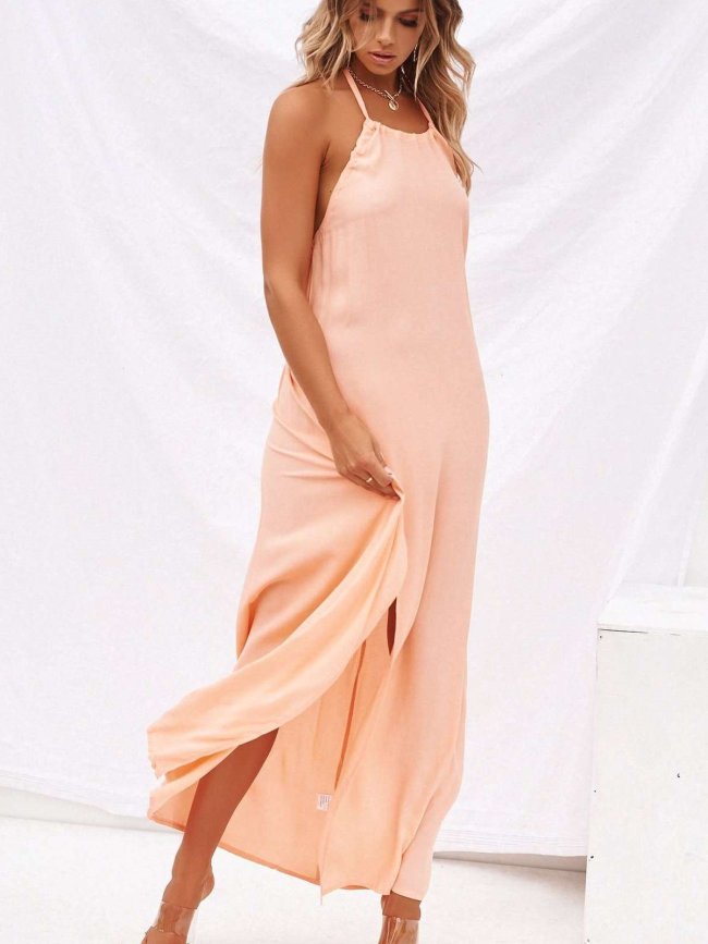 Casual Pure Halter Sleeveless Backless Maxi Dresses