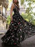 Black Elegant V neck Backless Flower Embroidery Evening Dress