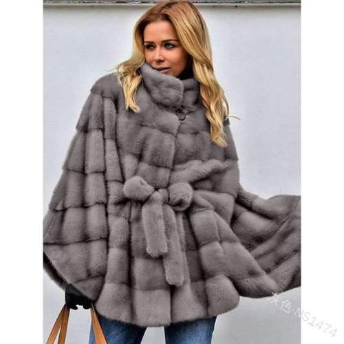 Fashion Casual Pure Fur Stand collar Long sleeve Lacing Coats