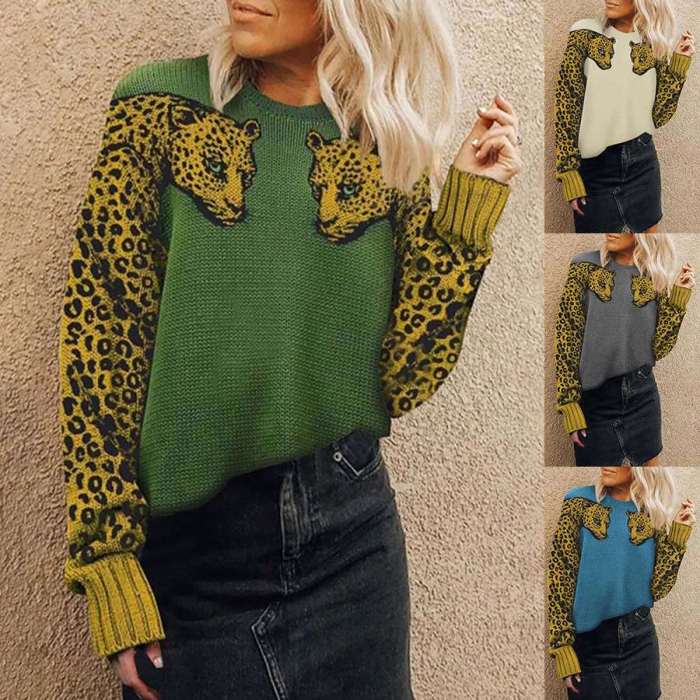 Fashion Leopaerd print Round neck Long sleeve Knit Sweaters