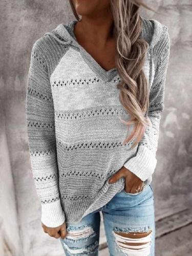 Fashion Stipe Hollow out Gored Long sleeve V neck Hoodies Sweatshirts