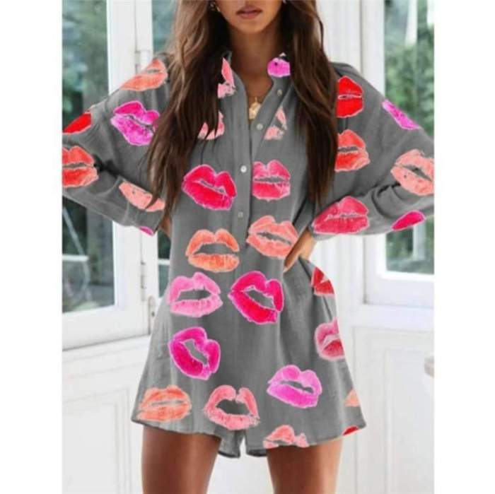 Fashion Casual Loose Lip print Stand collar Long sleeve Jumpsuits
