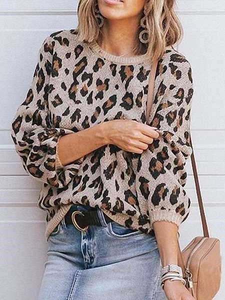 Loose Knit Leopard print Round neck Long sleeve Sweaters