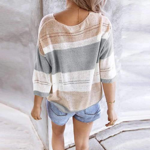 Fashion Casual Stripe Knit V neck Hollow out Sweaters