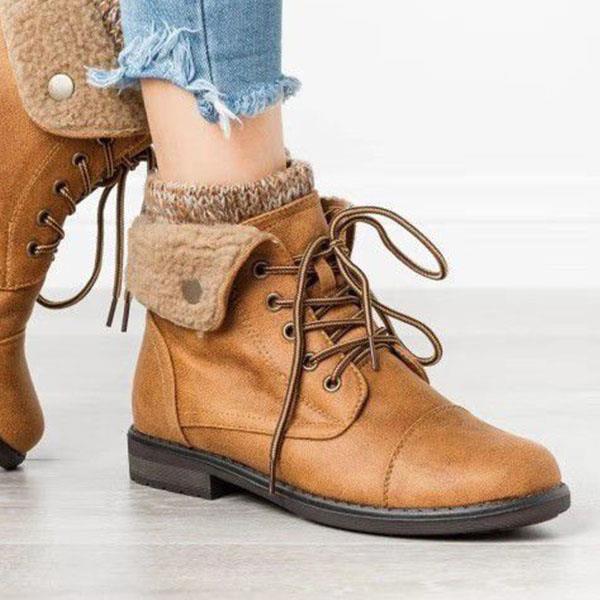 Worsted flanged  low heels tied ankle boots