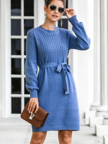 Fashion Pure Knit Gored Round neck Long sleeve Lacing Skater Dresses