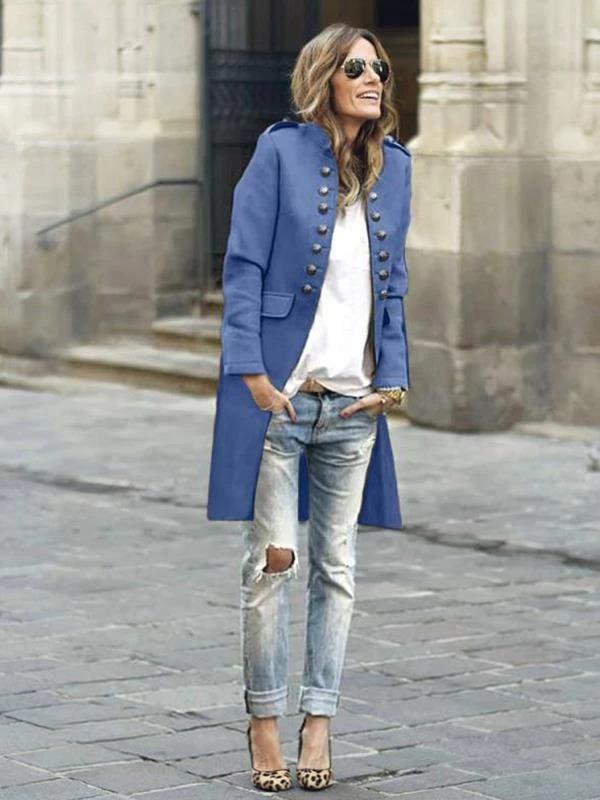 Women Button Stand collar long sleeve casaul blazer coats