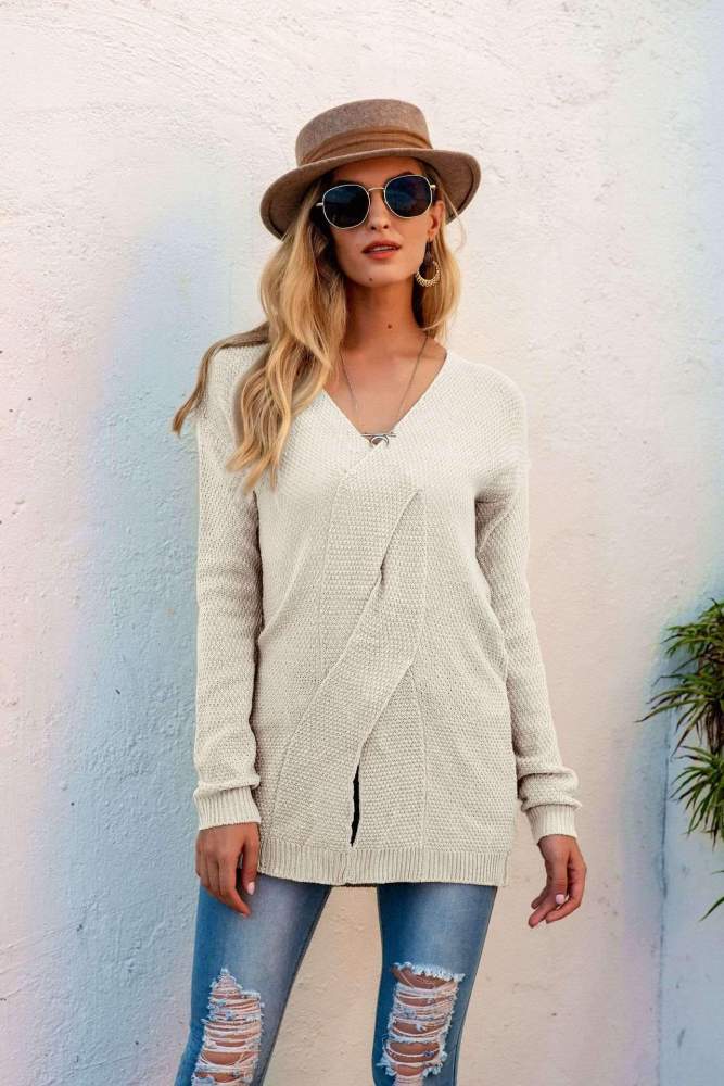 Fashion Pure V neck Snarls Long sleeve Knit Sweaters