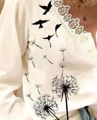 Fashion Lace Print V neck Long sleeve Blouses