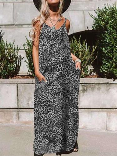 Fashion Leopard print V neck Vest Maxi Dresses