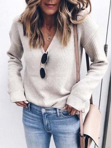 Women v neck plain daily long sleeve sweaters