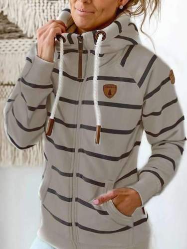 Women casual zipper stripe hoodies