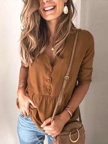 Loose Pure Gored Long sleeve V neck Blouses