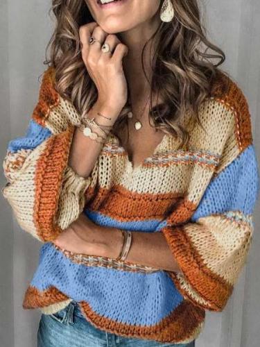 Fashion Casual Stripe V neck Long sleeve Knit Sweaters