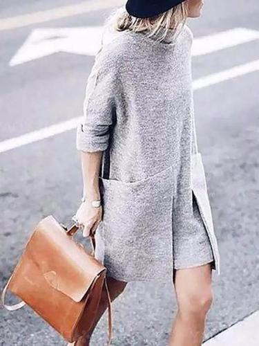 Gray Knitted Solid Turtle Neck Long Sleeve Dress