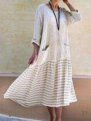 Casual Gored Stripe Round neck Long sleeve Pocket Maxi Dresses