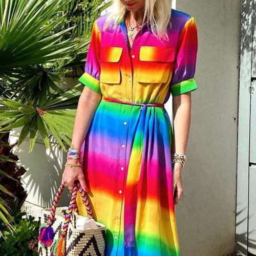 Fashion Rainbow stripe Short sleeve Lapel Maxi Dresses