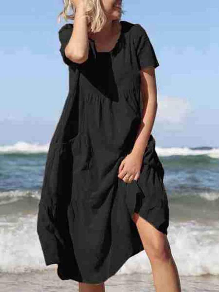Casual Loose Pure Round neck Short sleeve Pocket Maxi Dresses