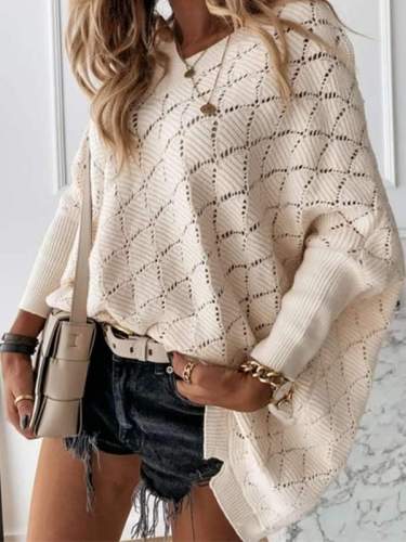 V-neck solid hollowed-out  bat sleeve loose long knit sweaters