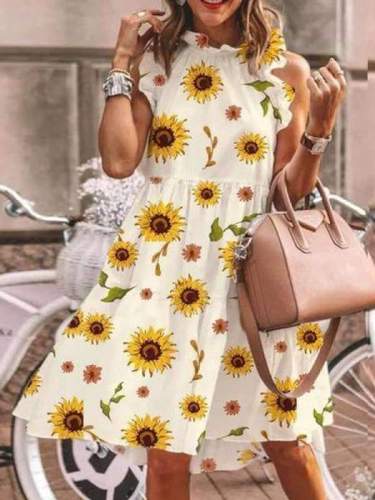 Holiday printed sexy round neck hot style sleeveless maxi dresses for women