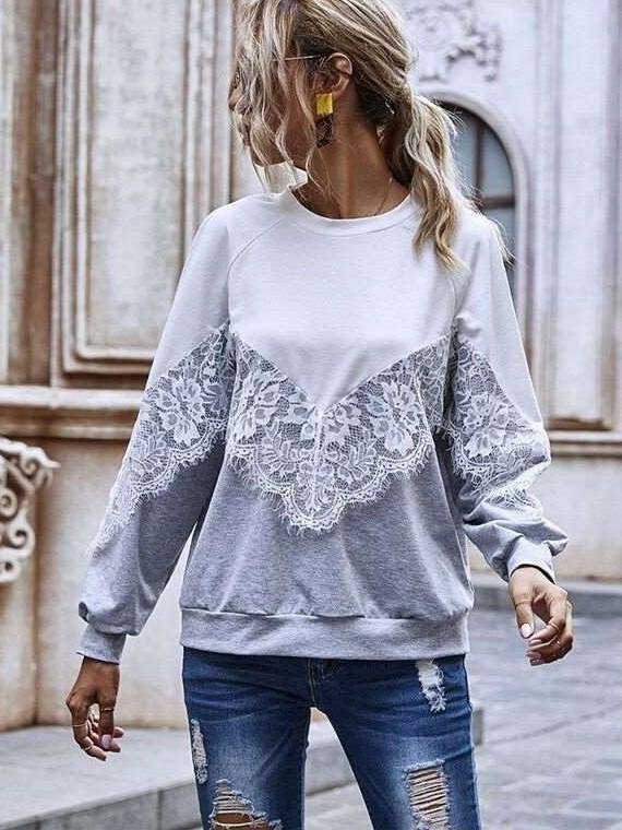 Fashion Lace Gored Roynd neck Long sleeve Sweatshirts