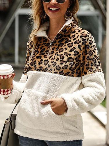 Long sleeve hoodie leopard print patchwork top Sweatshirt