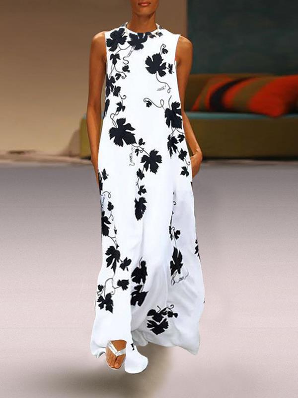 Stylish Round Neck Sleeveless Printed Long Maxi Dresses For Women