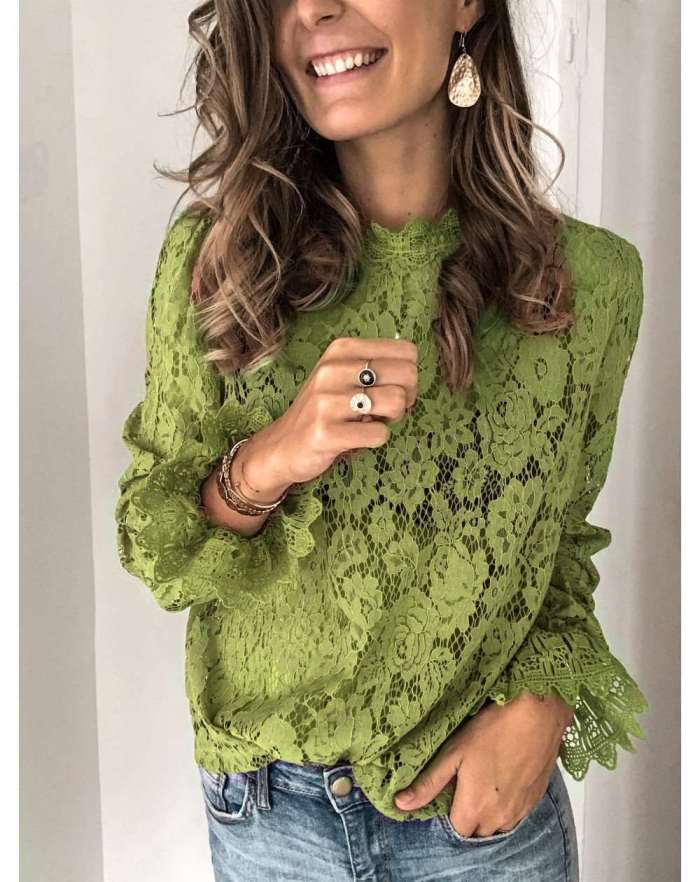 Fashion Lace Hollow out Stand collar Long sleeve Blouses