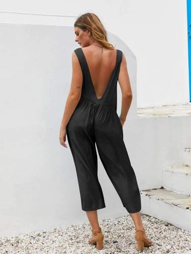 Casual Loose Pure Round neck Sleeveless Backless Jumpsuits