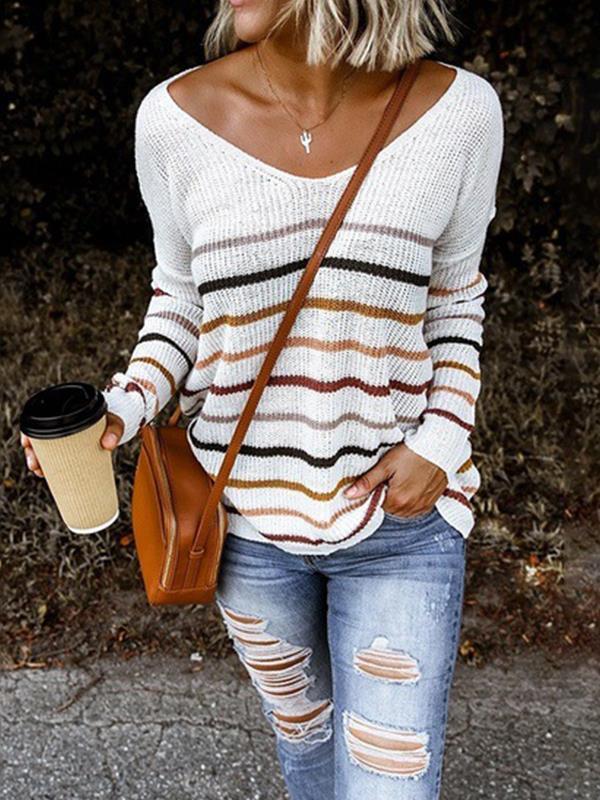 Women v neck fashion long sleeve stripe sweaters