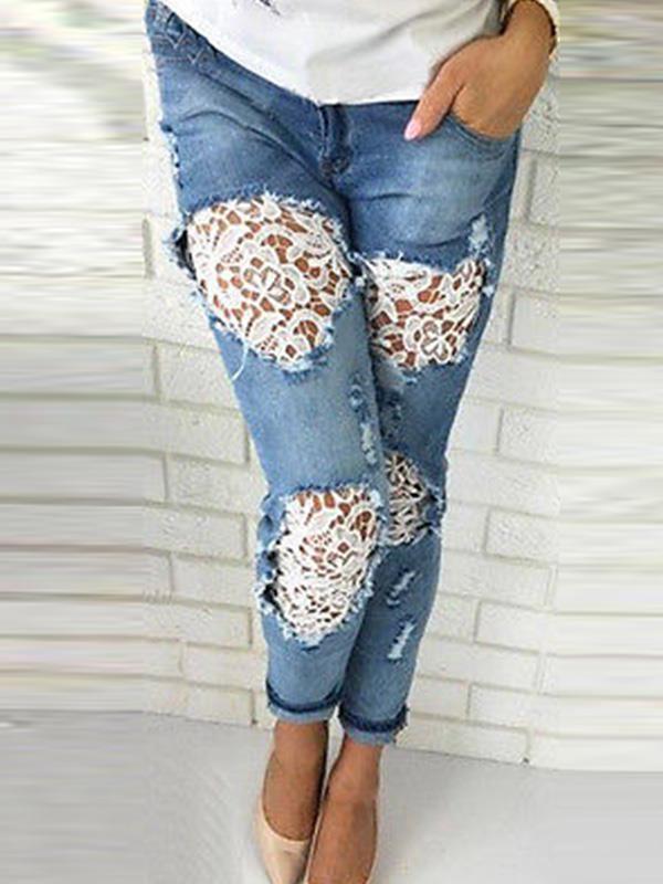 Fashion Lace patchwork ripped jeans long Pants