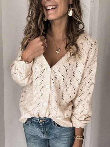 Casual Pure Hollow out V neck Long sleeve Knit Cardigan