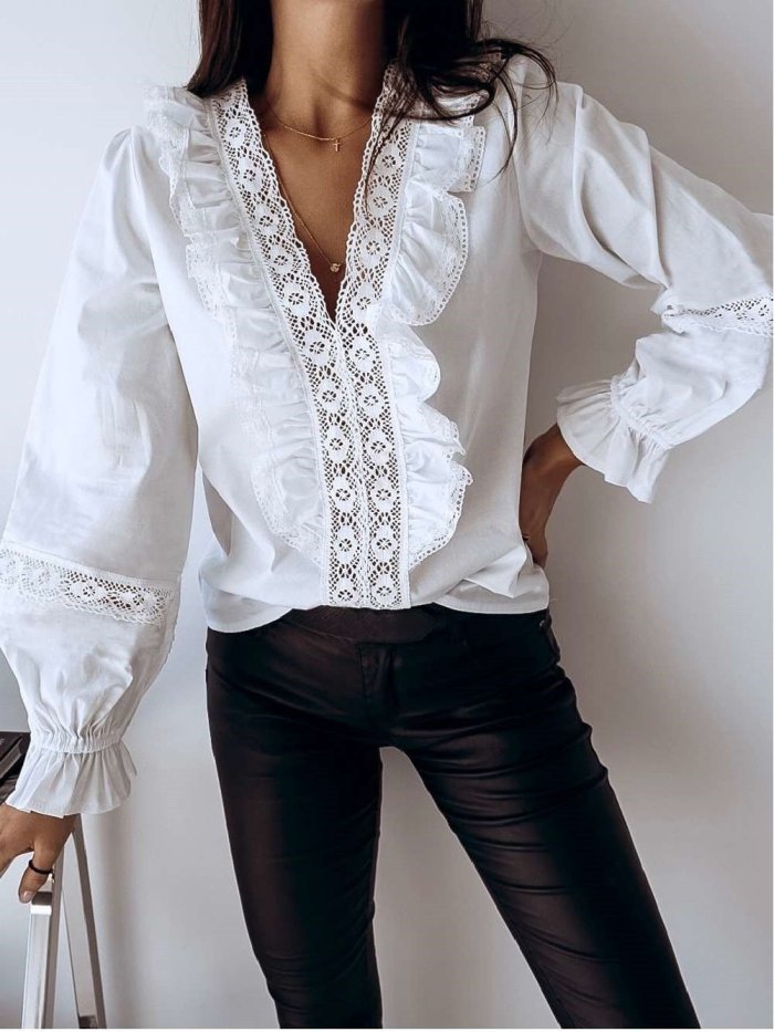 Sexy V neck Lace Long sleeve Blouses