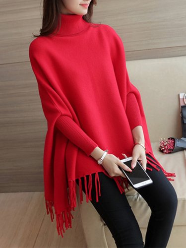 Turtle Neck Knitted Casual Plain Batwing Cape