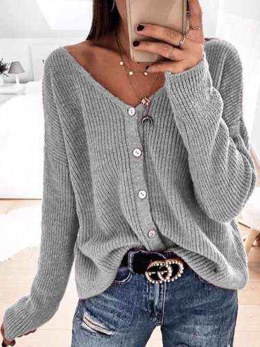 Fashionable v neck button long sleeve loose cardigan sweater coats