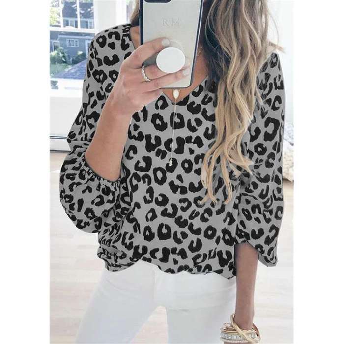 Fashion Casual Leopard print V neck Long sleeve T-Shirts