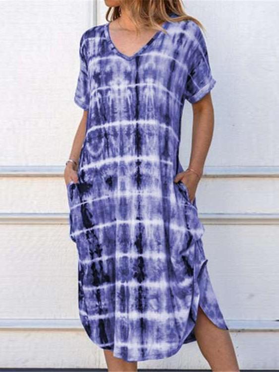 Fashion Print V neck Short sleeve Maxi Dresses