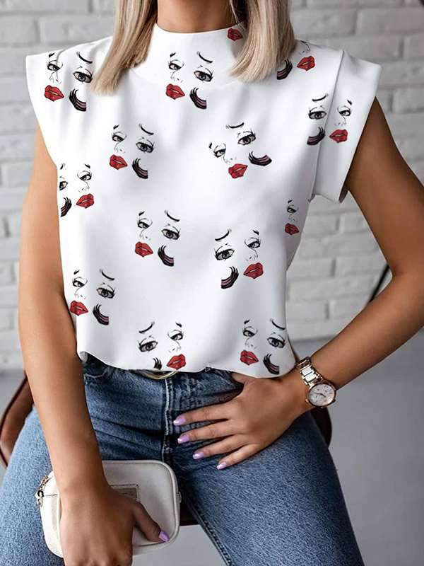 Summer simple stand-up printed blouses
