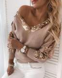 Fashion Gored Paillette V neck Long sleeve Knit Sweaters