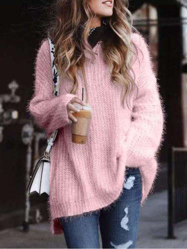 Casual Loose Pure Plush V neck Long sleeve Knit Sweaters