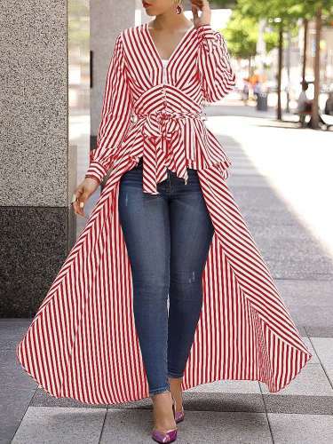 Fashion V neck Stripe Lacing Irregular Skirt Maxi Dresses