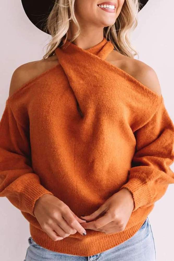 Fashion Casual Pure V neck Off shoulder Long sleeve Sweaters