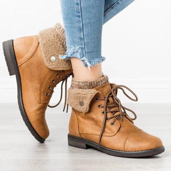 Worsted flanged  low heels tied ankle boots